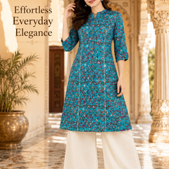Women's Sky Blue Floral Print Cotton A-Line Kurta