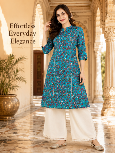 Women's Sky Blue Floral Print Cotton A-Line Kurta