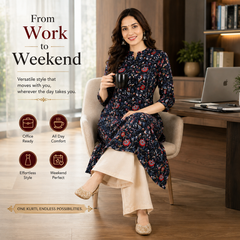 Women's Black Floral Print Cotton A-Line Kurta