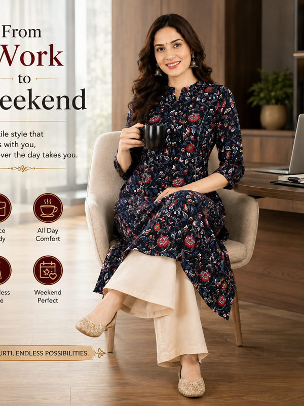 Women's Black Floral Print Cotton A-Line Kurta