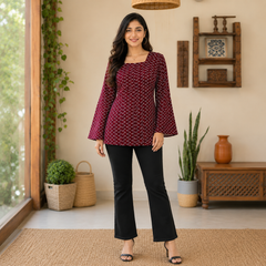 Maroon Bandhani Print Square Neck Short Kurti for Women