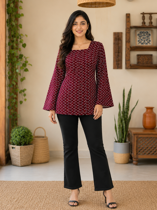 Maroon Bandhani Print Square Neck Short Kurti for Women