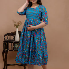 Women's Cotton Floral Maternity Feeding Dress with Zipper