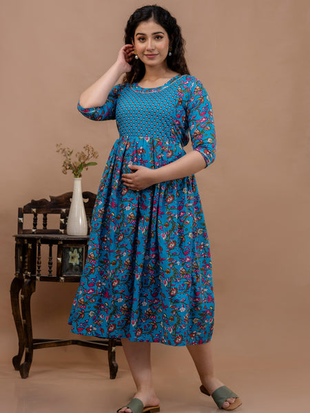 Women's Cotton Floral Maternity Feeding Dress with Zipper