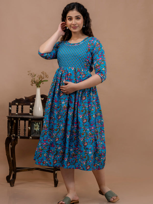 Women's Cotton Floral Maternity Feeding Dress with Zipper