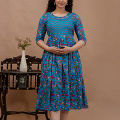 Women's Cotton Floral Maternity Feeding Dress with Zipper