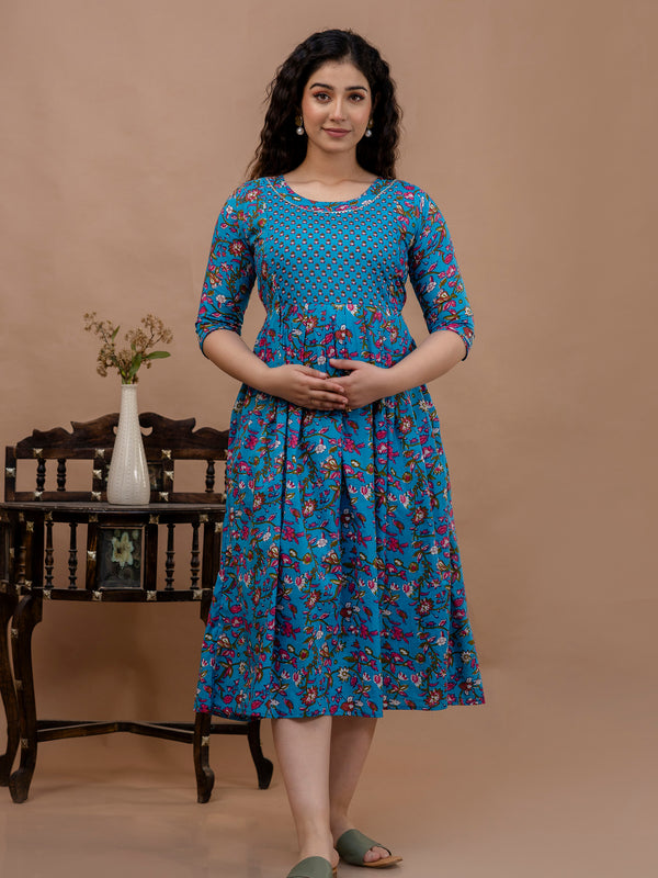 Women's Cotton Floral Maternity Feeding Dress with Zipper