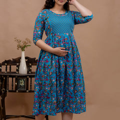 Women's Cotton Floral Maternity Feeding Dress with Zipper
