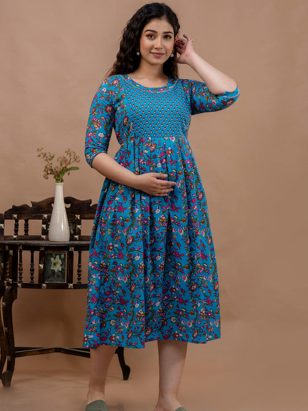 Women's Cotton Floral Maternity Feeding Dress with Zipper