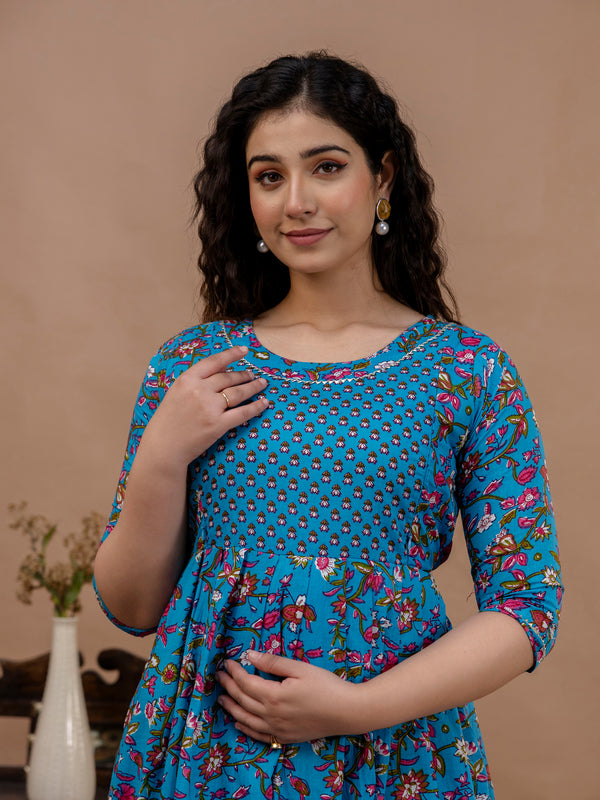 Women's Cotton Floral Maternity Feeding Dress with Zipper