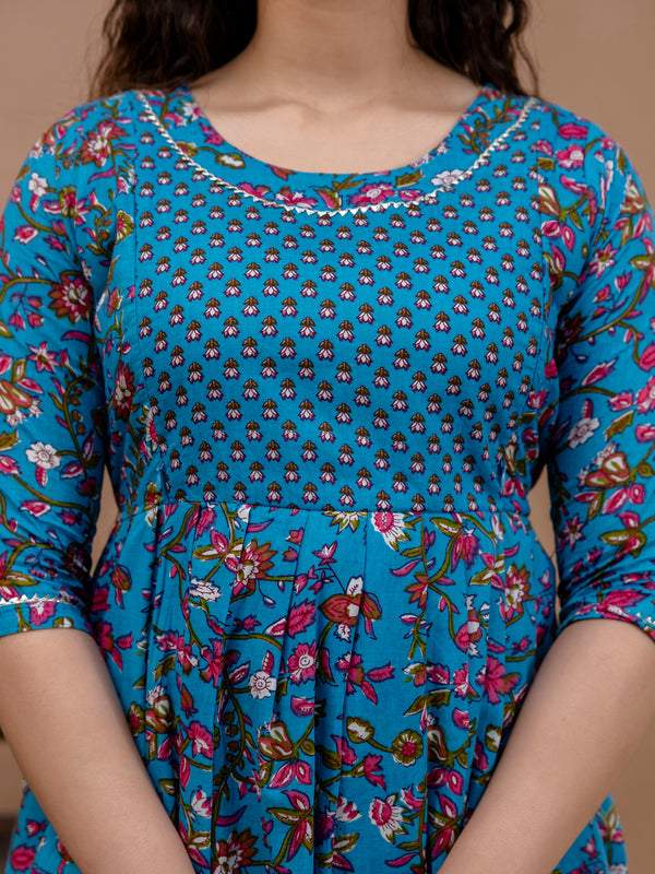 Women's Cotton Floral Maternity Feeding Dress with Zipper