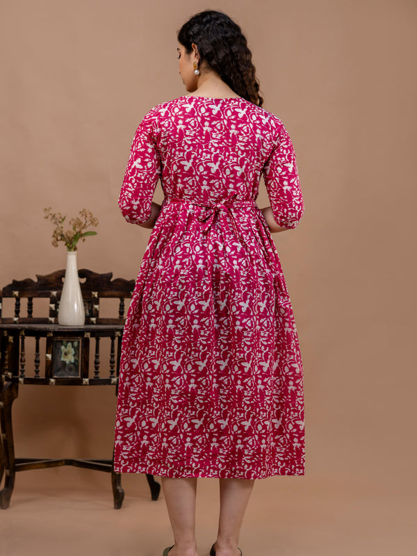 Women's Cotton Floral Maternity Feeding Dress with Zipper