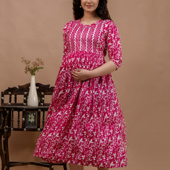 Women's Cotton Floral Maternity Feeding Dress with Zipper