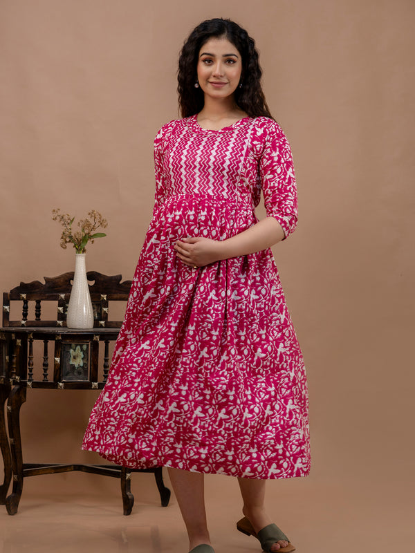 Women's Cotton Floral Maternity Feeding Dress with Zipper