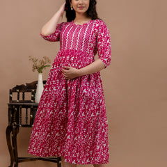 Women's Cotton Floral Maternity Feeding Dress with Zipper