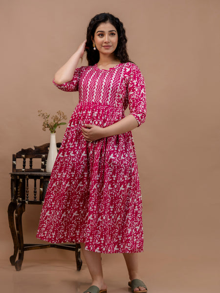 Women's Cotton Floral Maternity Feeding Dress with Zipper