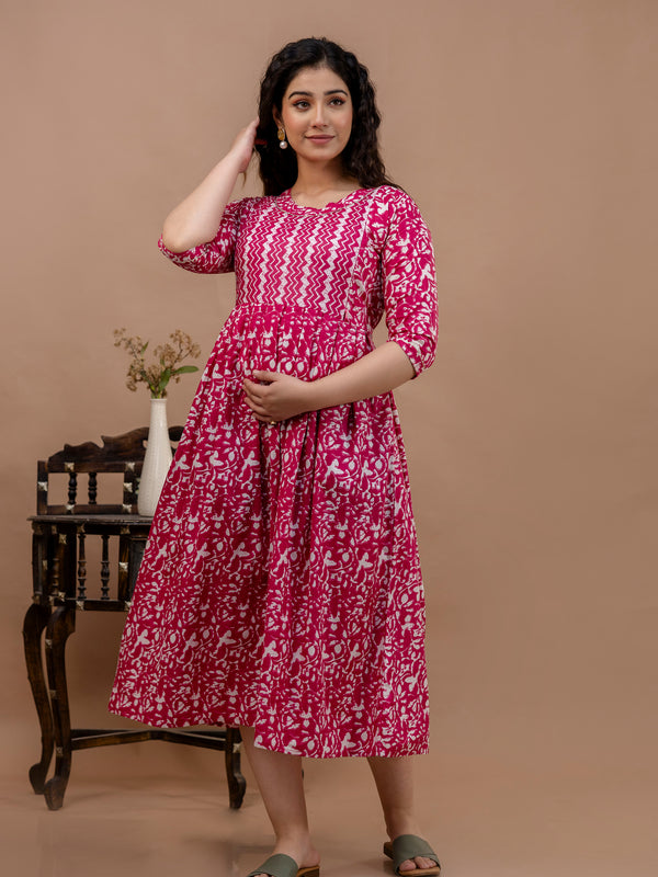 Women's Cotton Floral Maternity Feeding Dress with Zipper