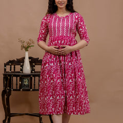 Women's Cotton Floral Maternity Feeding Dress with Zipper
