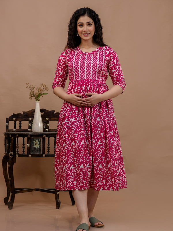 Women's Cotton Floral Maternity Feeding Dress with Zipper