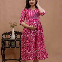 Women's Cotton Floral Maternity Feeding Dress with Zipper