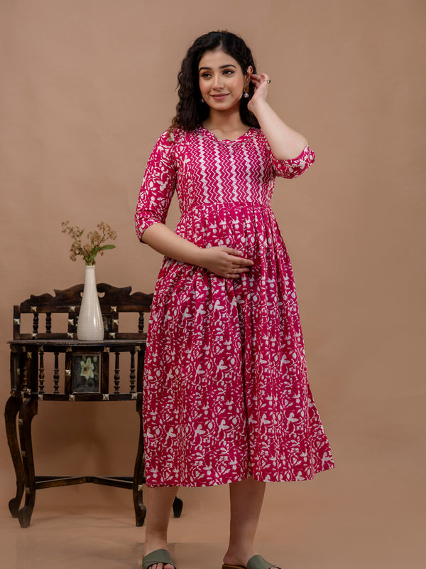 Women's Cotton Floral Maternity Feeding Dress with Zipper