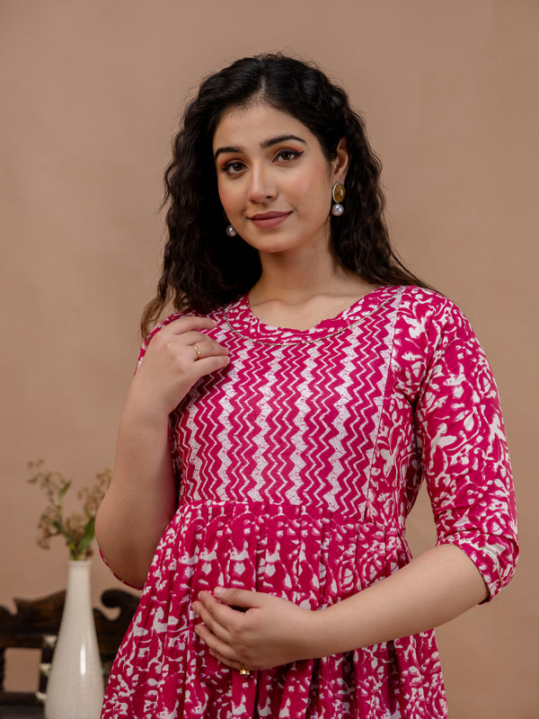 Women's Cotton Floral Maternity Feeding Dress with Zipper