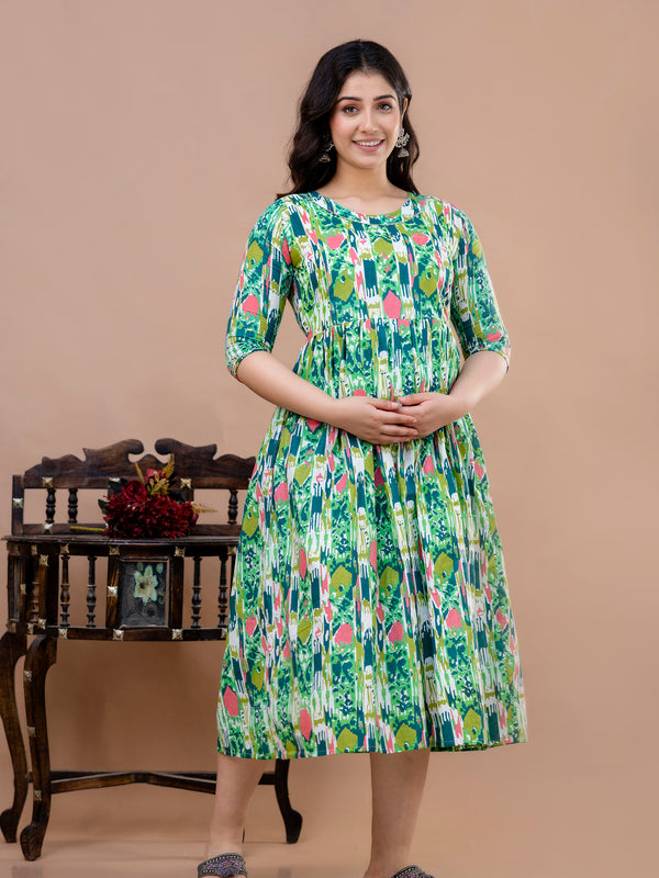 Women's Cotton Floral Maternity Feeding Dress with Zipper