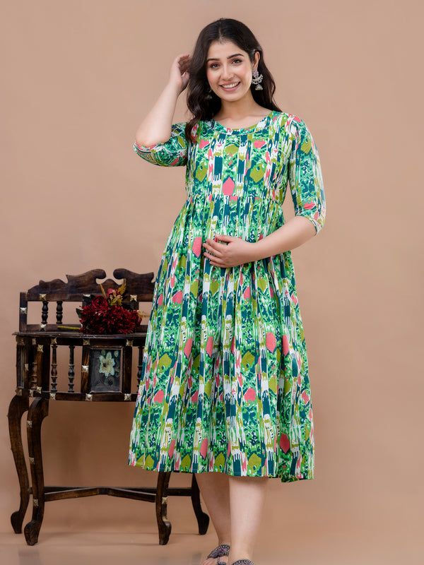 Women's Cotton Floral Maternity Feeding Dress with Zipper