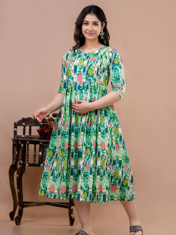 Women's Cotton Floral Maternity Feeding Dress with Zipper