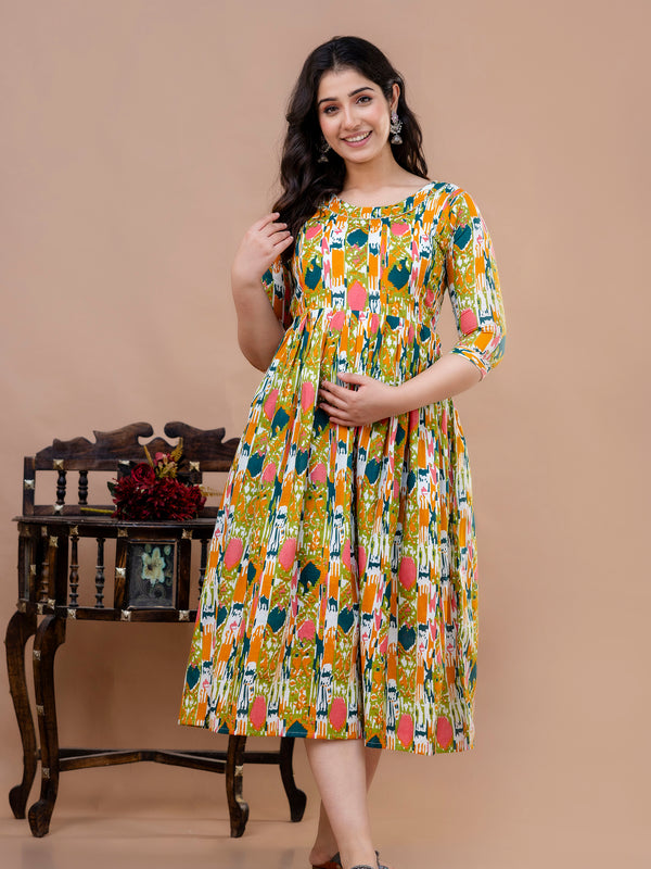 Women's Cotton Floral Maternity Feeding Dress with Zipper