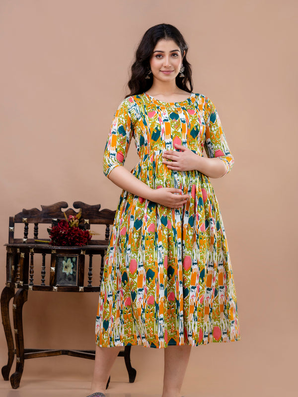 Women's Cotton Floral Maternity Feeding Dress with Zipper