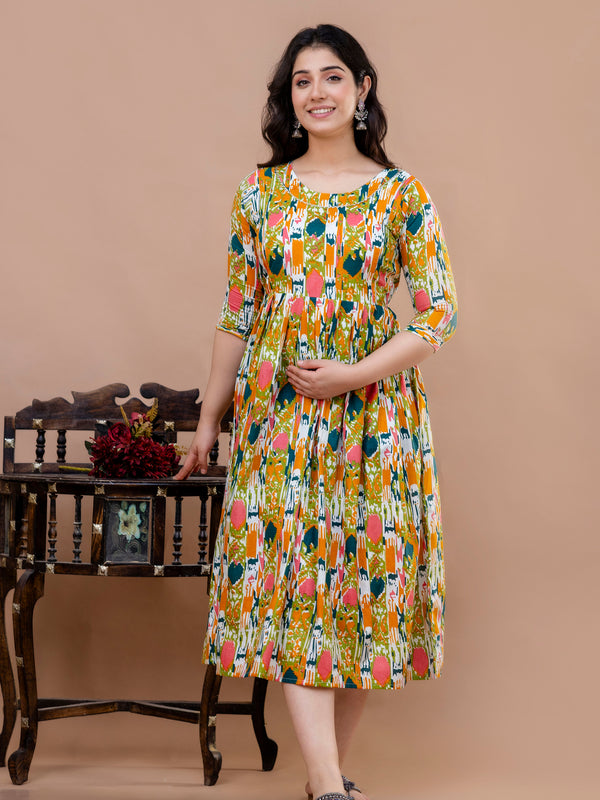 Women's Cotton Floral Maternity Feeding Dress with Zipper