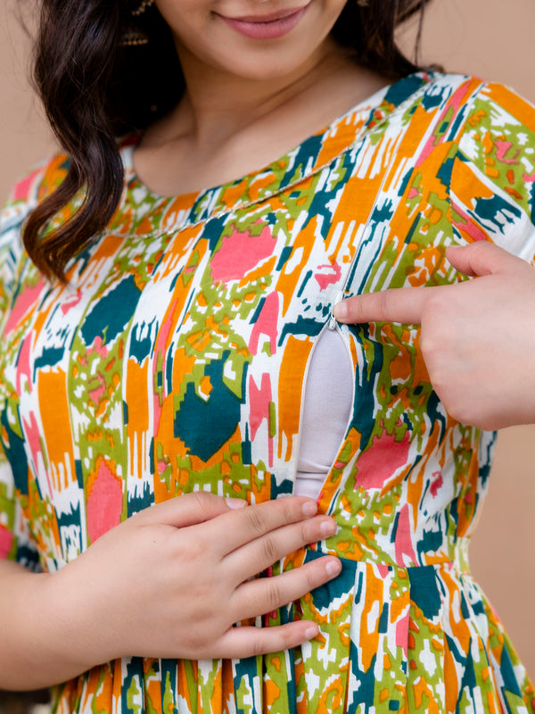 Women's Cotton Floral Maternity Feeding Dress with Zipper