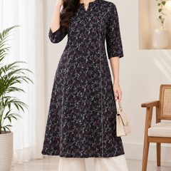 Women's Blue & Gold Floral Print Cotton A-Line Kurta