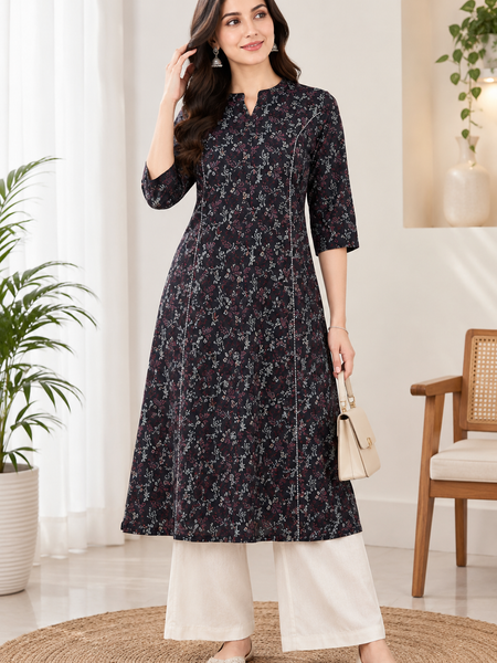 Women's Blue & Gold Floral Print Cotton A-Line Kurta