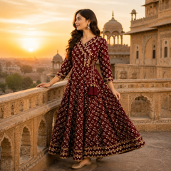 Maroon Floral Printed Anarkali Kurta with Border Detailing