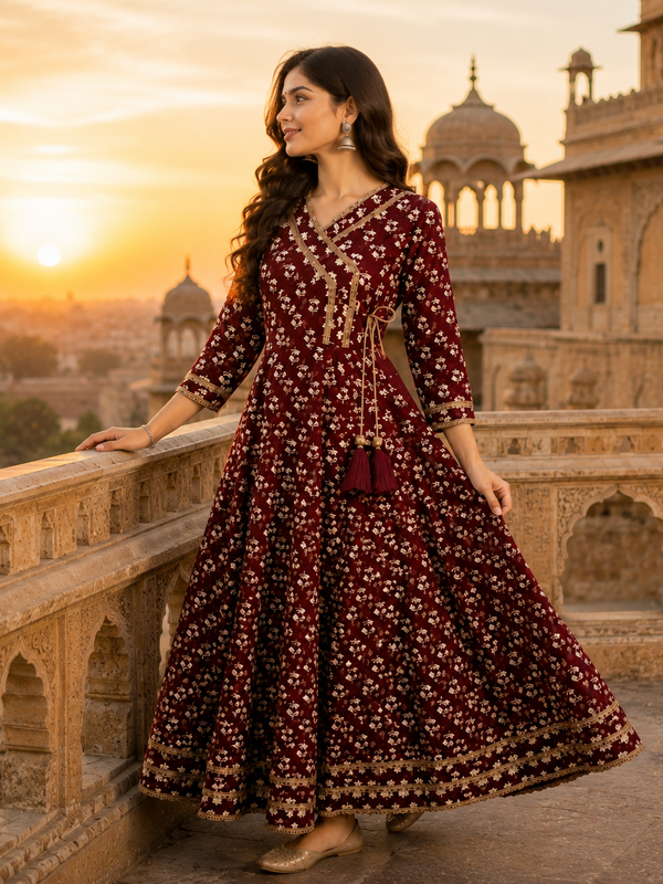 Maroon Floral Printed Anarkali Kurta with Border Detailing