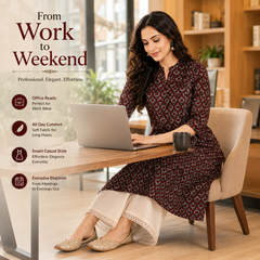 Women's Maroon Floral Print Cotton A-Line Kurta