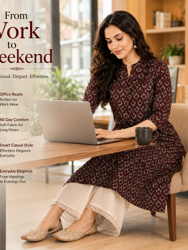 Women's Maroon Floral Print Cotton A-Line Kurta