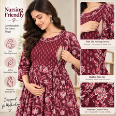 Women’s Maroon Ethnic Floral Print Maternity