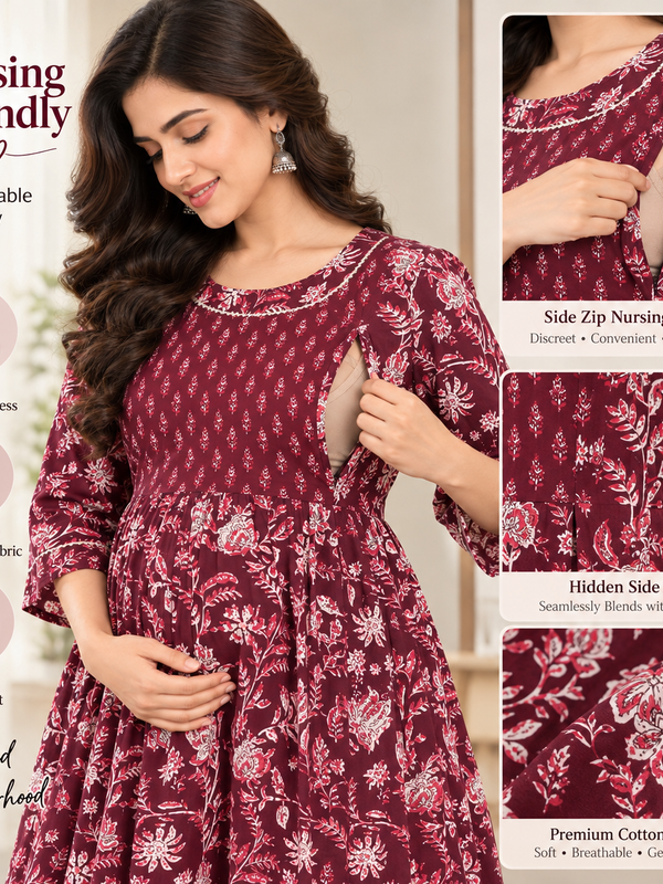 Women’s Maroon Ethnic Floral Print Maternity