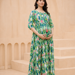 Floral Maternity Gown with Feeding Zipper