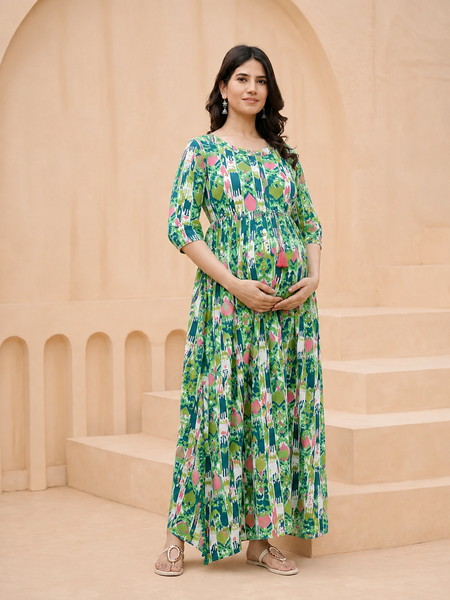 Floral Maternity Gown with Feeding Zipper