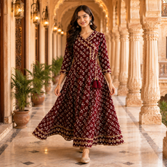 Maroon Floral Printed Anarkali Kurta with Border Detailing