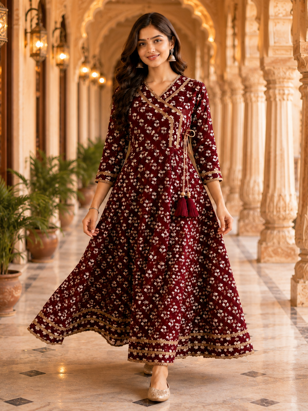 Maroon Floral Printed Anarkali Kurta with Border Detailing