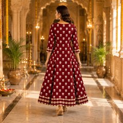 Maroon Floral Printed Anarkali Kurta with Border Detailing