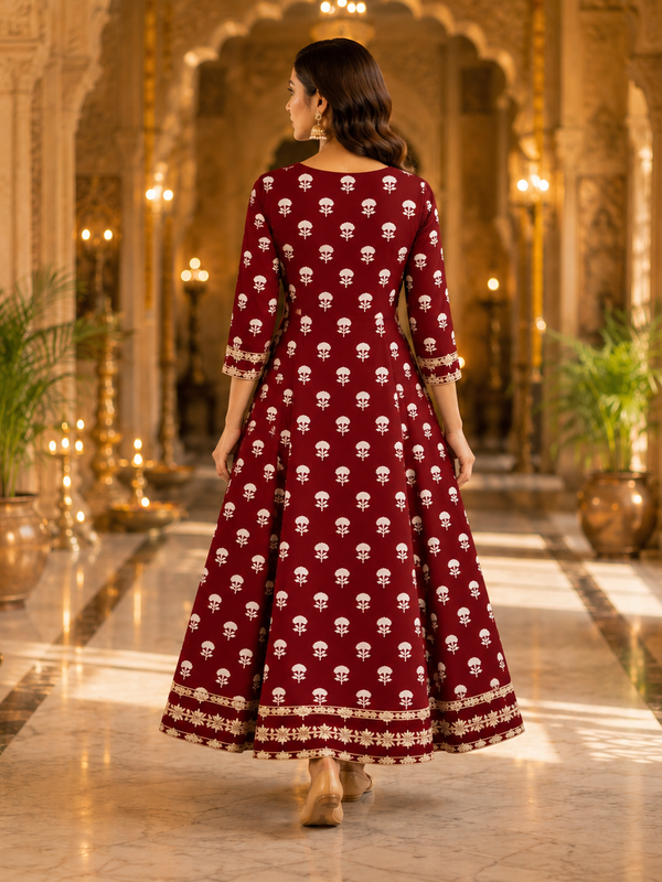 Maroon Floral Printed Anarkali Kurta with Border Detailing