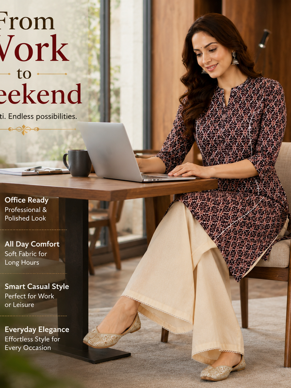 Women's Coffee Floral Print Cotton A-Line Kurta