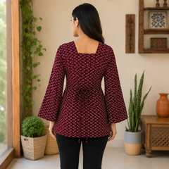 Maroon Bandhani Print Square Neck Short Kurti for Women