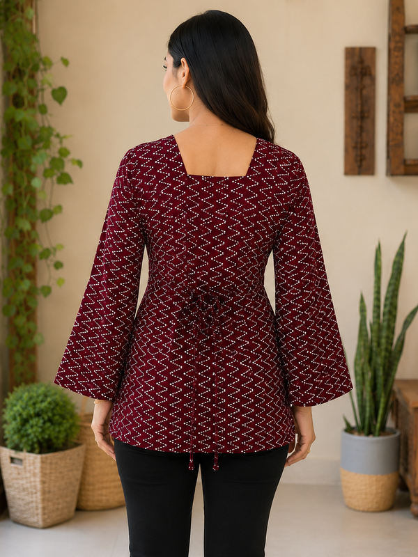 Maroon Bandhani Print Square Neck Short Kurti for Women